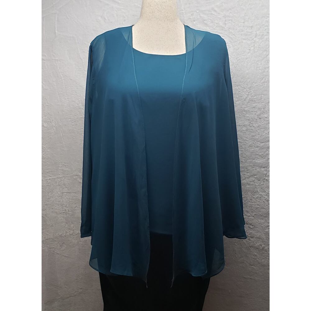 Women’s Blue‑Green 2‑Piece Top Set Sheer Cardigan Tank Size 14 Elegant
